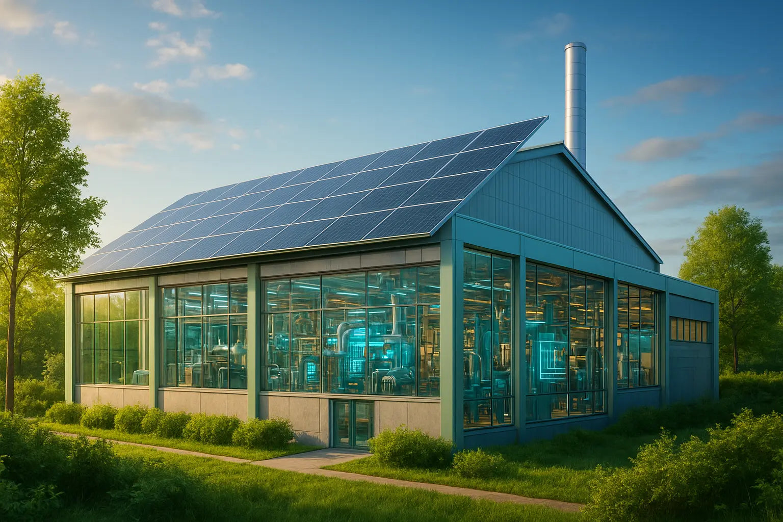 Stabilimento industriale moderno con macchinari sostenibili e pannelli solari, simbolo di produzione green ed efficiente.
