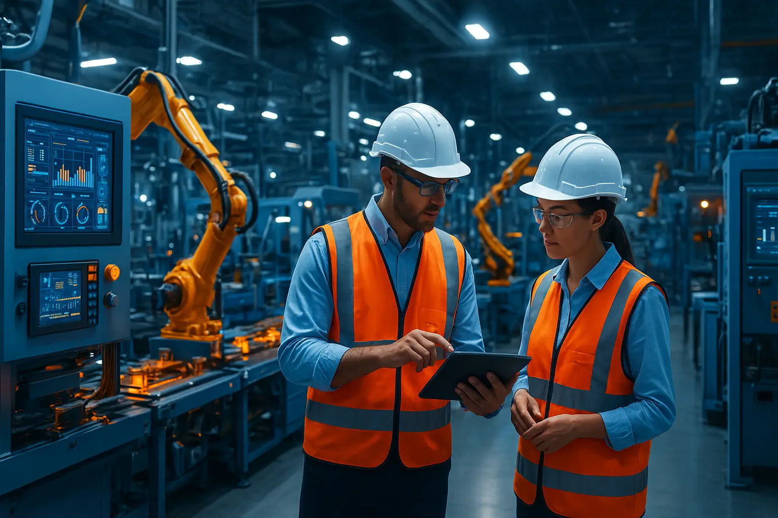 Manager e cliente si stringono la mano davanti a macchinari industriali, simbolo di leasing e collaborazione aziendale.