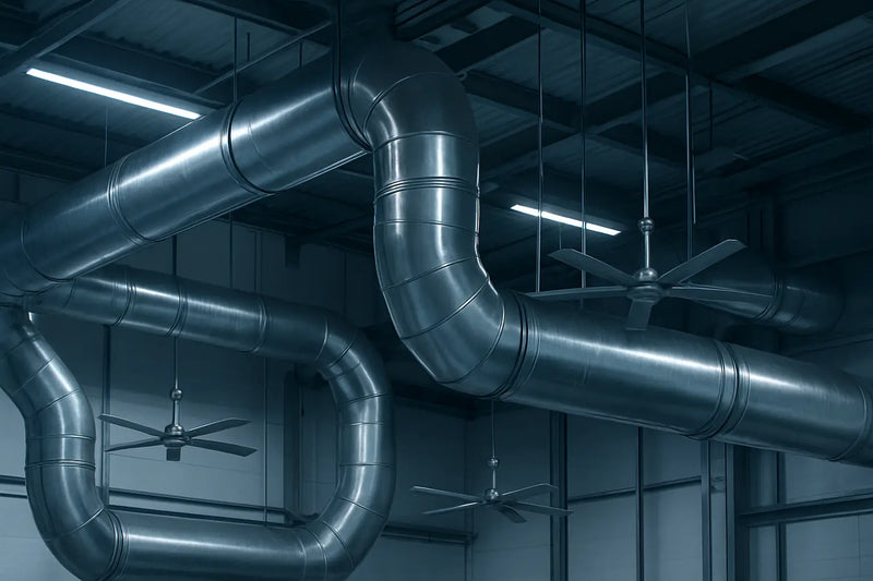 Sistema di ventilazione industriale in acciaio inox in ambiente produttivo moderno