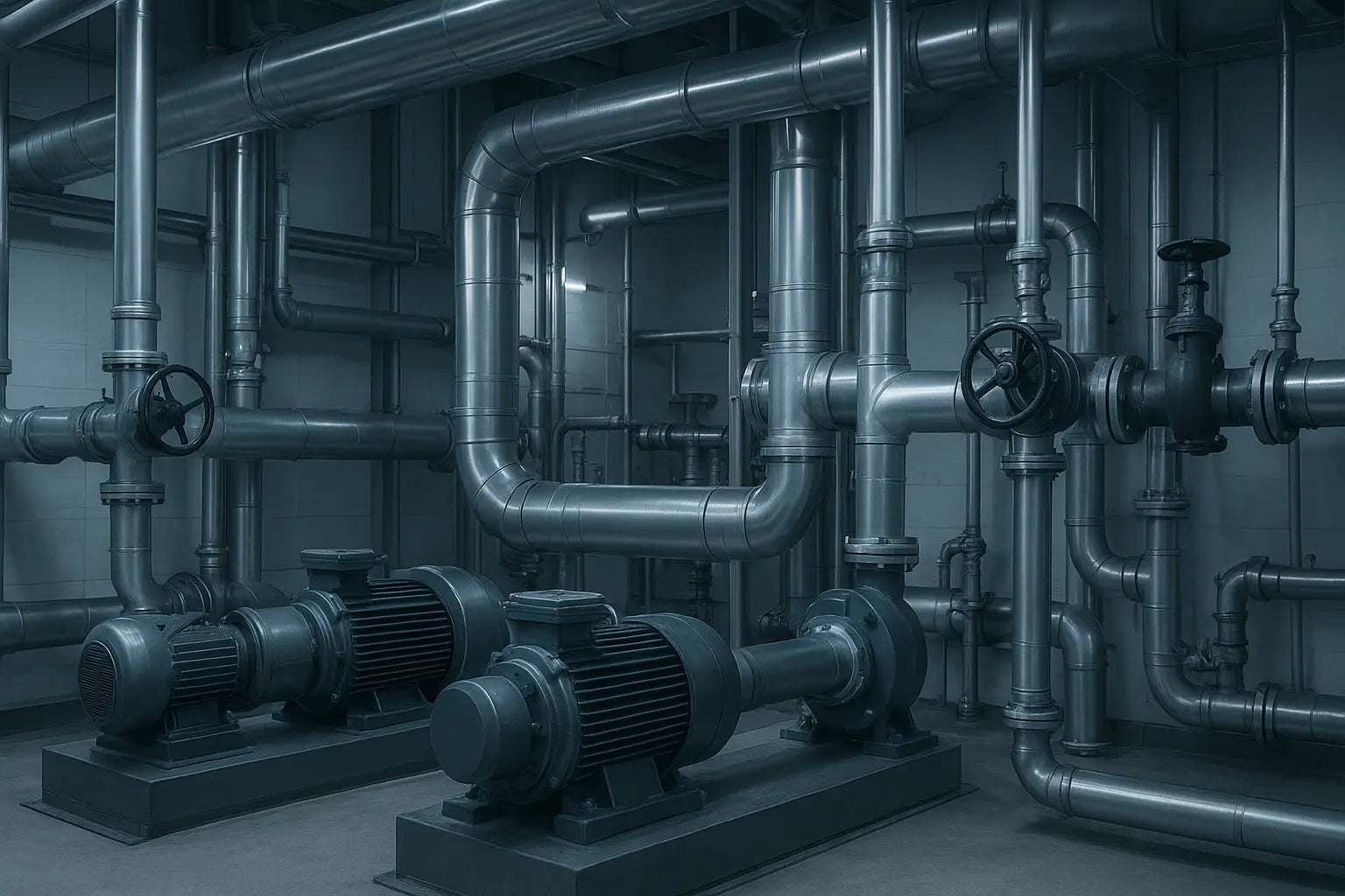 Impianto idraulico industriale con tubazioni in acciaio e pompe di riscaldamento