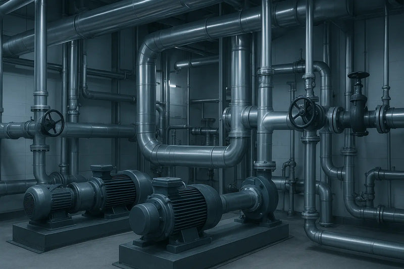 Impianto idraulico industriale con tubazioni in acciaio e pompe di riscaldamento