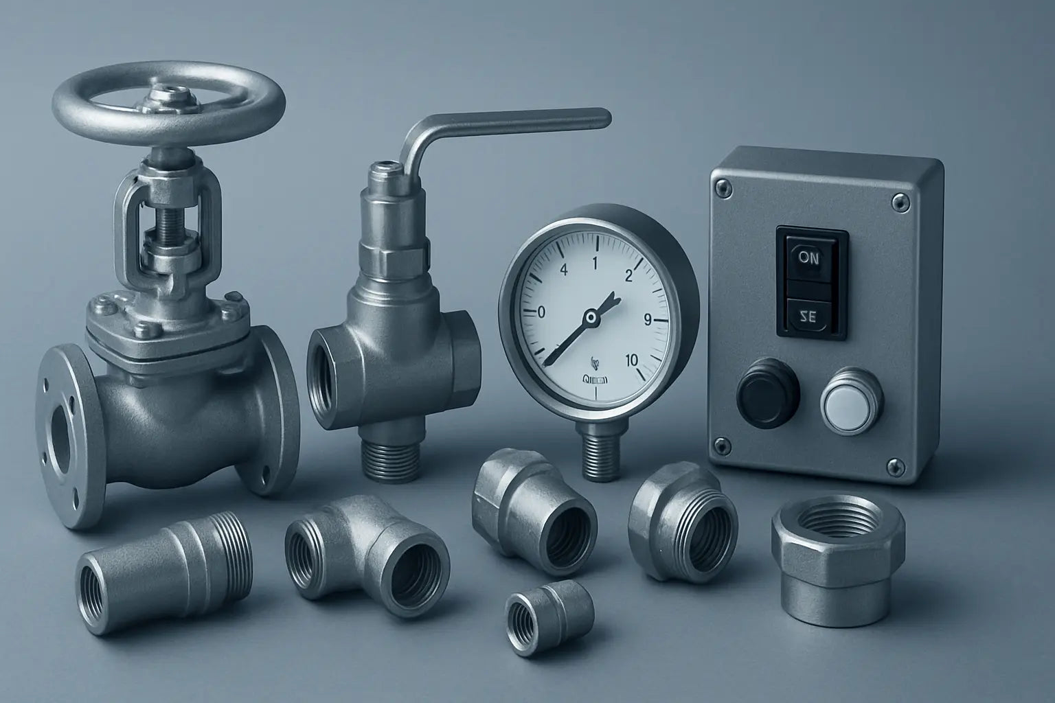 Componenti tecnici industriali in metallo su sfondo grigio neutro