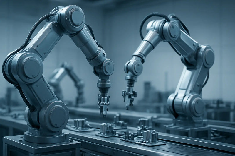 Robot industriali automatizzati su linea di produzione moderna